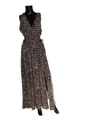 Sleeveless Zebra-Print Maxi Dress in Beige and Black